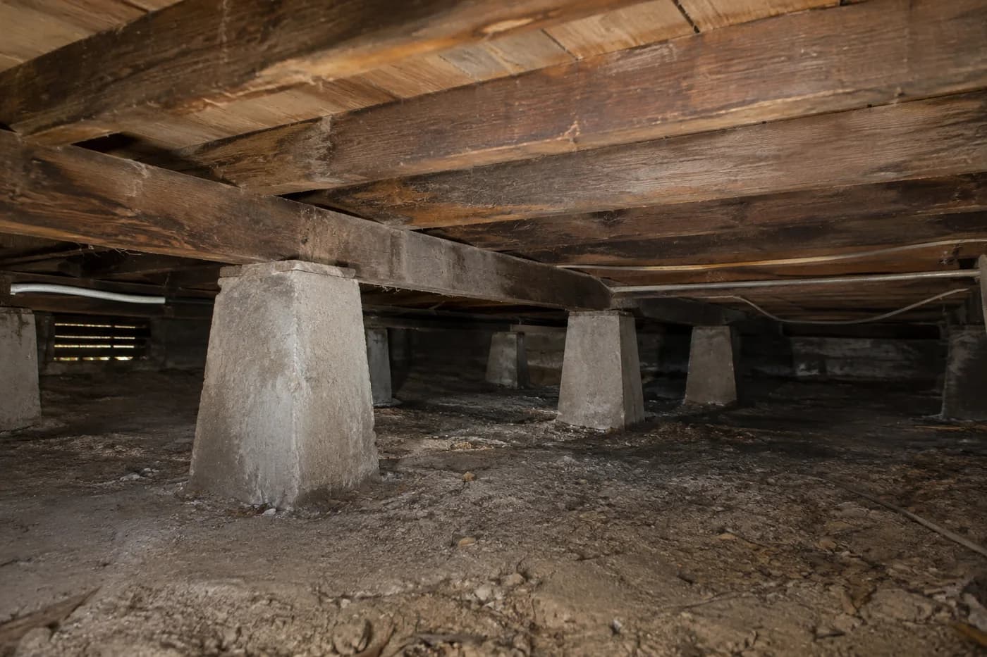 Timber bearers supported by concrete stumps beneath a weatherboard house