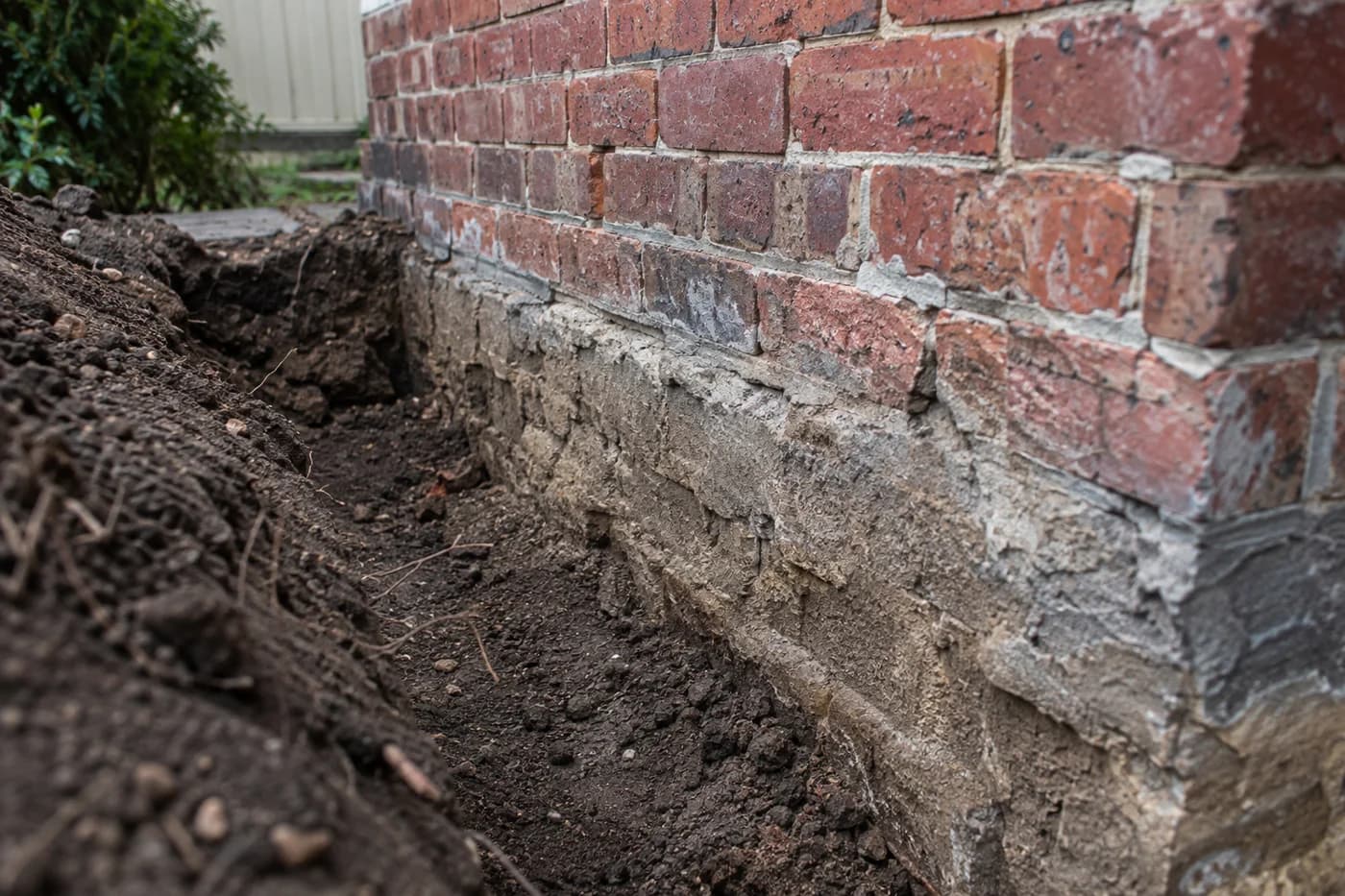 Weathered brick footing exposed in a shallow foundation inspection excavation